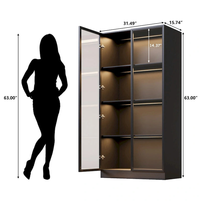 Vitrine de rangement, vitrine avec portes en verre trempé, présentoir avec 4 étagères de rangement