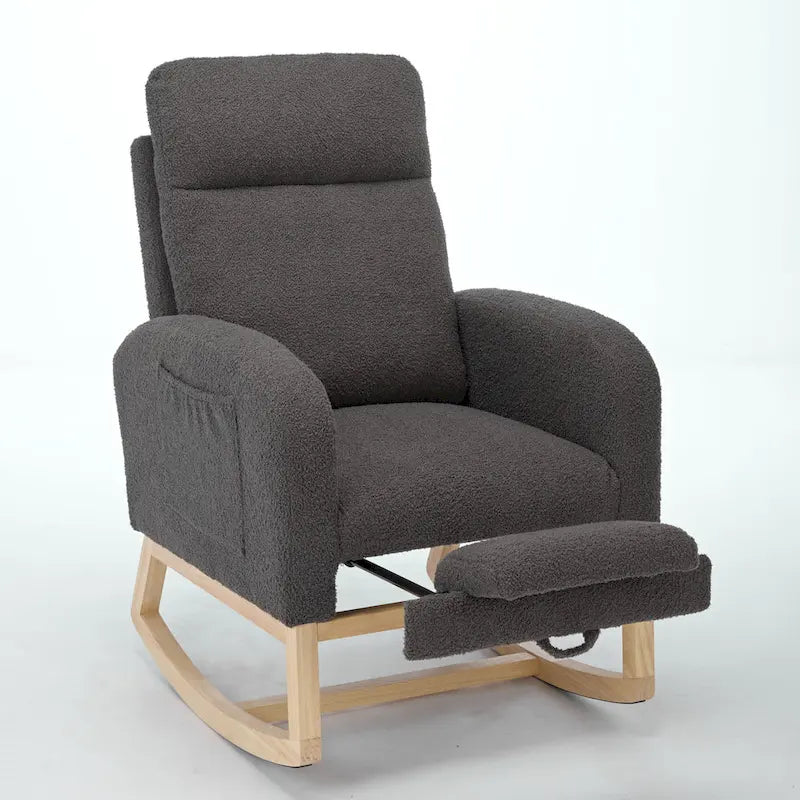 Moderne gestoffeerde schommelstoel met hoge rugleuning van 75 cm, poten van massief hout en verstelbare voetensteun