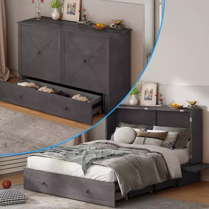 Mjkone Murphy Bed Queen,Cube Cabinet Chest Bed with Charging Station&Storage Space
