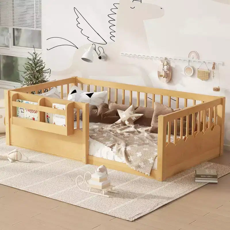 Bellemave Kids Floor Bed with Heightened Fence and Bookshelf, Wooden Twin Montessori Bed Frame for Girls Boys