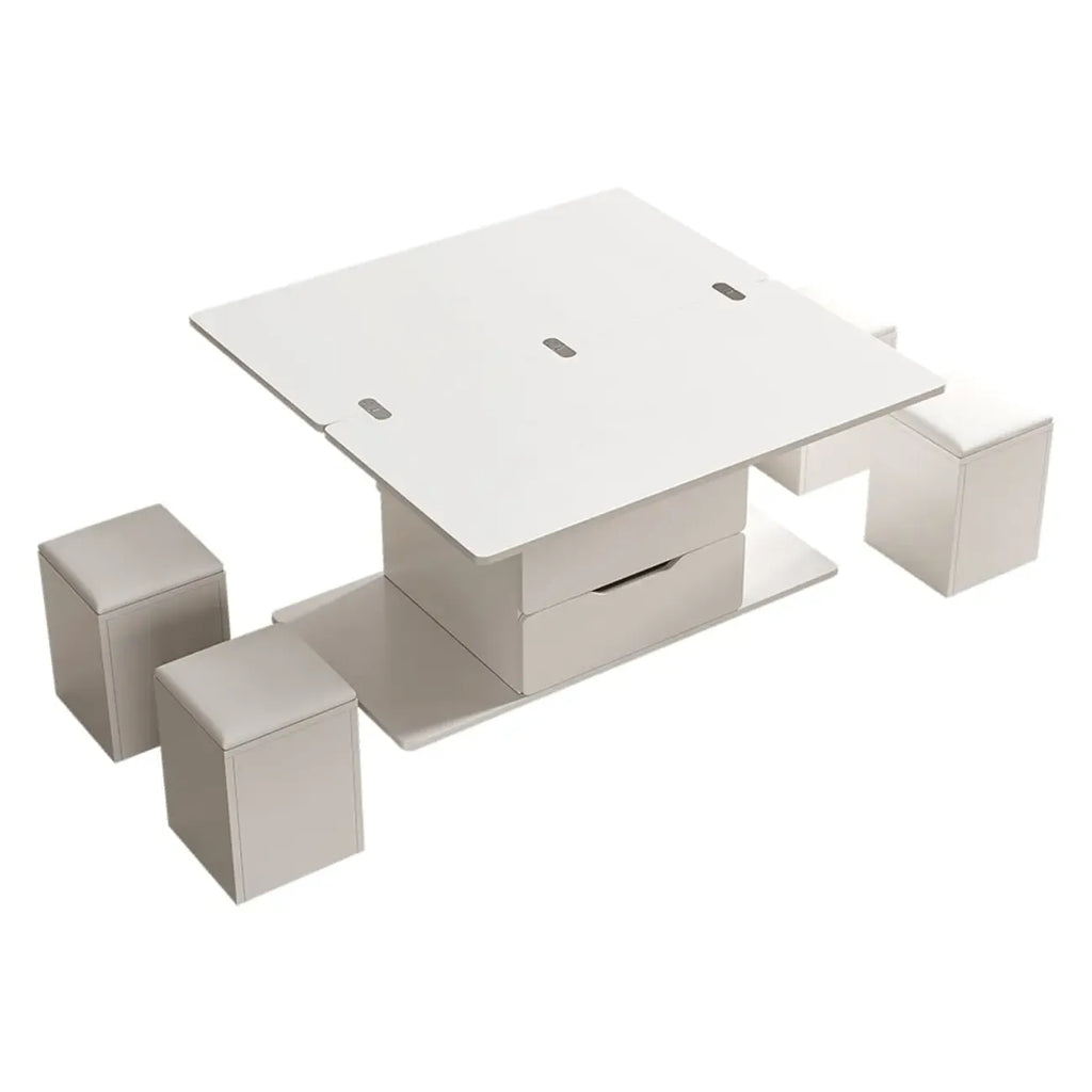 Klappbarer Couchtisch mit Hubfunktion, 4 Hockern und Stauraum