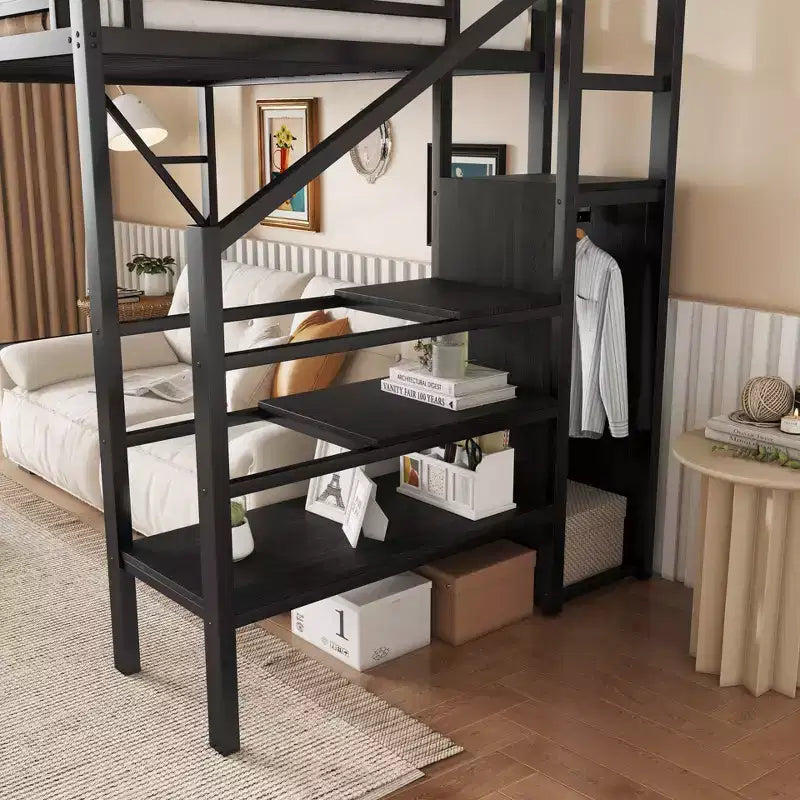 Okak hoogslaper van 239 cm voor een eenpersoonsbed met kledingkast, eenpersoonsbed met opbergplanken en mand, bedframes voor slaapkamer en studentenhuis