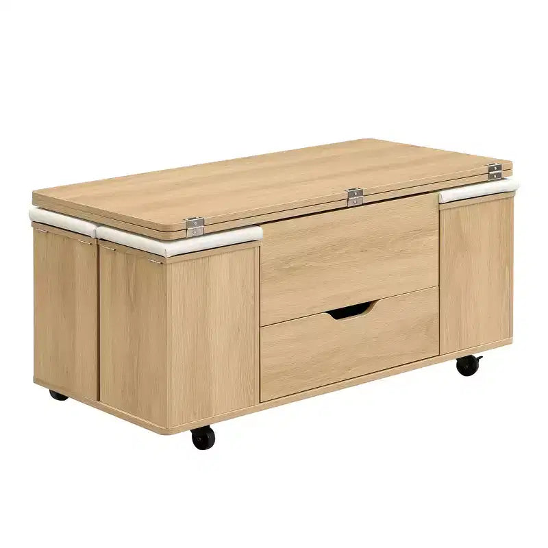 Table basse moderne multifonctionnelle relevable avec rangement dissimulé, 4 tabourets et roulettes, idéale pour les espaces de vie modernes