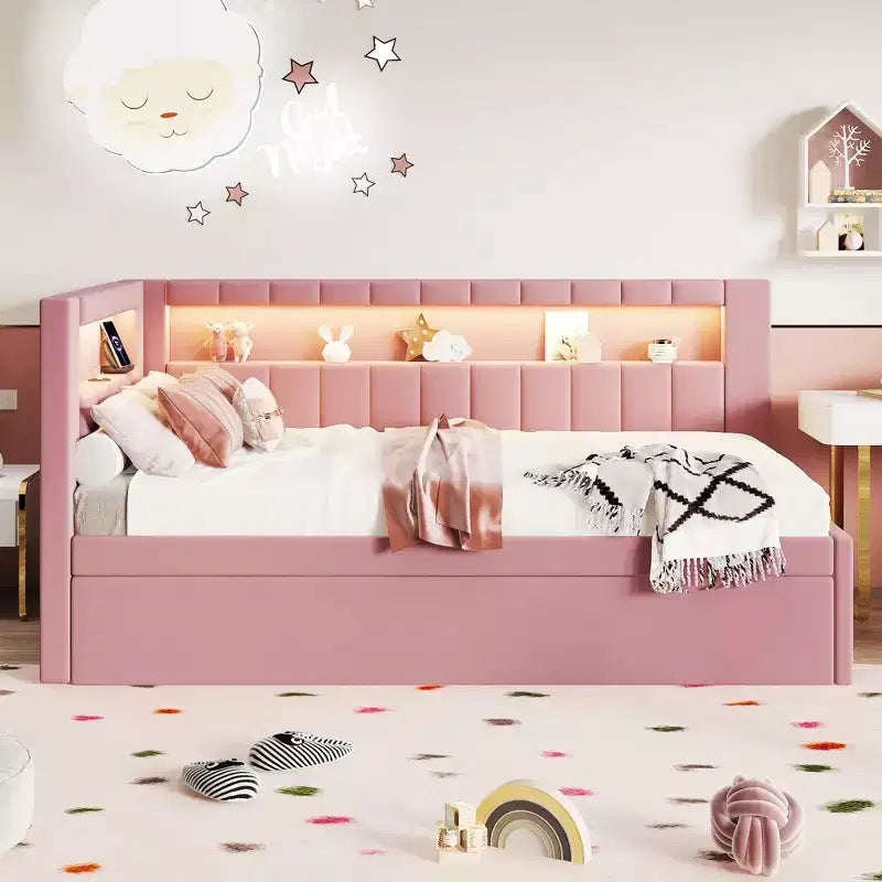 Daybed in Twin-/Full-Größe mit Ausziehbett und L-förmigem Bücherregal-Kopfteil, weiches Eckbett mit Leinenpolsterung, Ablagefächern und LED-Band
