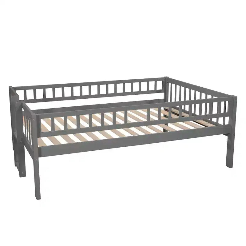 Stapelbed voor drie personen, full-over-full, met ombouwbare ladder en glijbaan, driepersoonsbed met valbeveiliging, wit/grijs/espresso - ModernLuxe