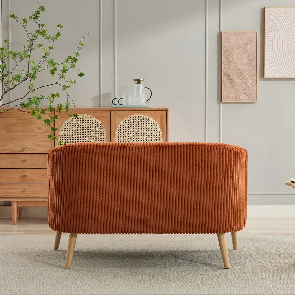2-zitsbank met bekleding van corduroy en houten poten in walnootkleur