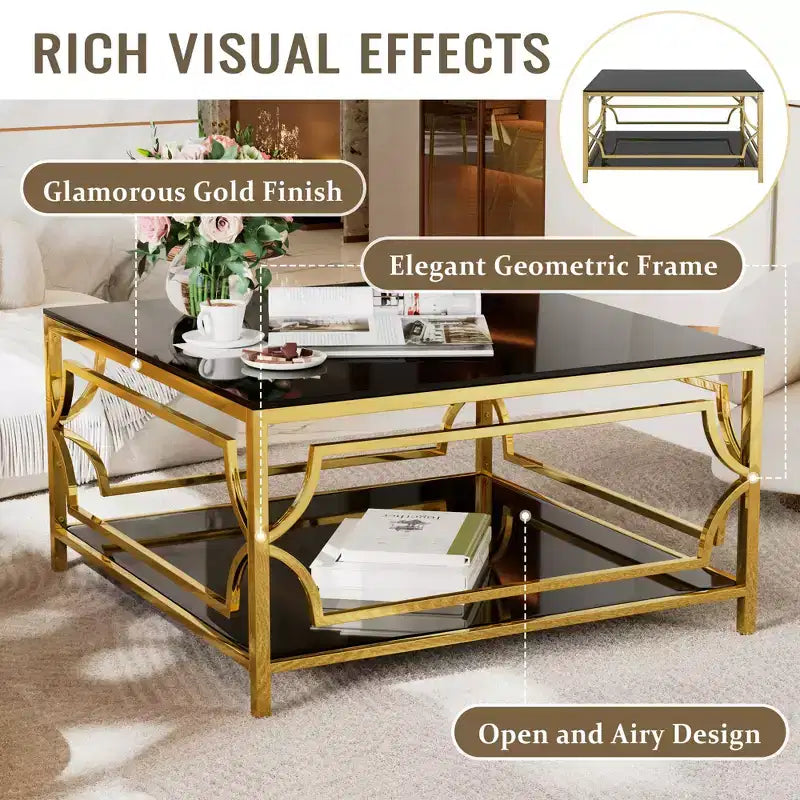 Merax Square Coffee Table with Black or Clear Glass Top and Two-Tier Display Shelf