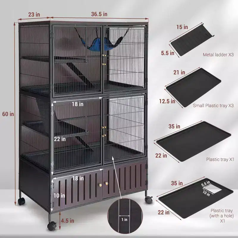 Kleine­dierenkooi, frettenkooi – leefruimte van 59 inch met 5 niveaus en opbergkast, inclusief hangmat, wielen, verwijderbare hellingen en eenvoudig te reinigen bakken