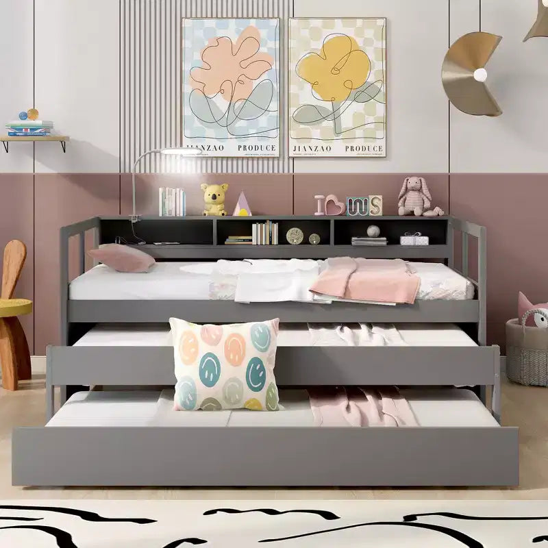 Whisen Twin XL Wood Daybed with 2 Trundles, 3 Storage Cubbies, 1 Light for Free and USB Charging Design