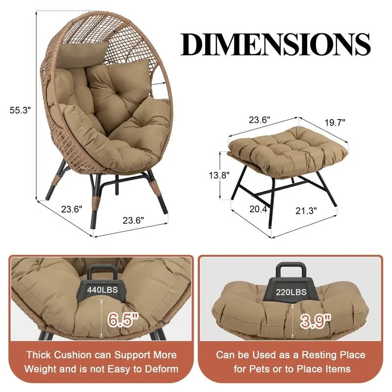FINCATI Indoor Eggs Chair, 440 lbs Egg Chair Outdoor, Oversized Egg Chair with Ottoman, Luxury Cozy Egg Chair with Foot Rest