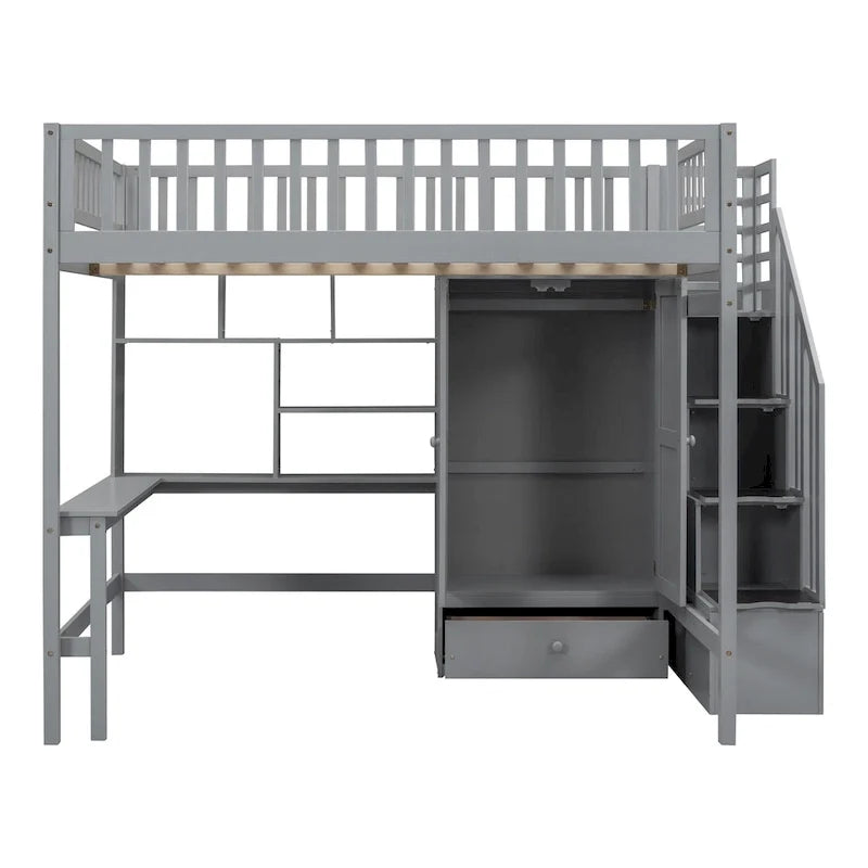 Full Pine Loft Bed with Desk and Storage