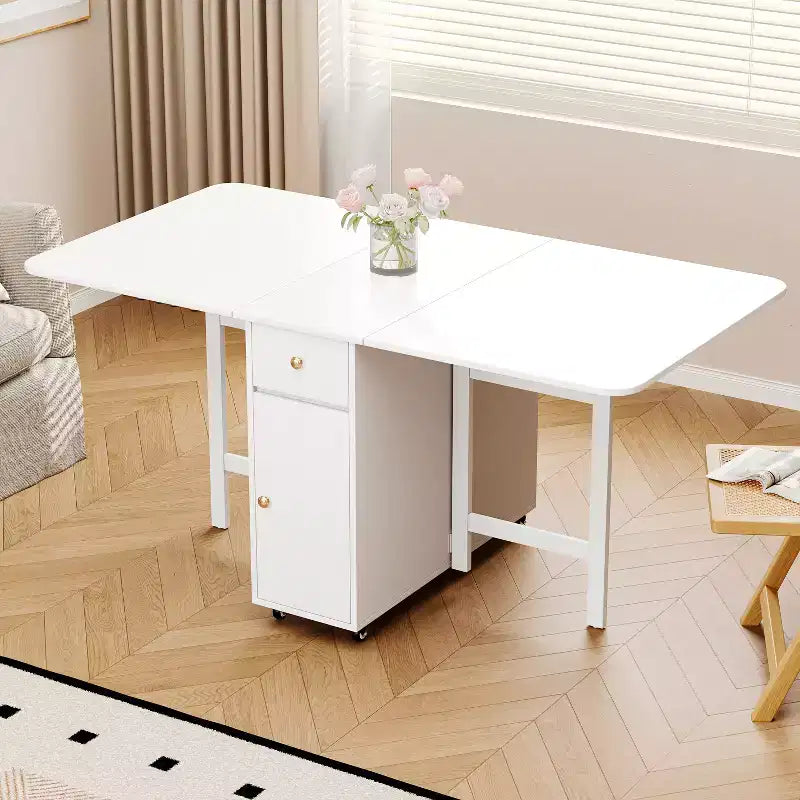 Table à manger pliable ATJafurn de 59 pouces avec rallonges rabattables pour petits espaces, table de cuisine rectangulaire en bois extensible avec roulettes et rangement