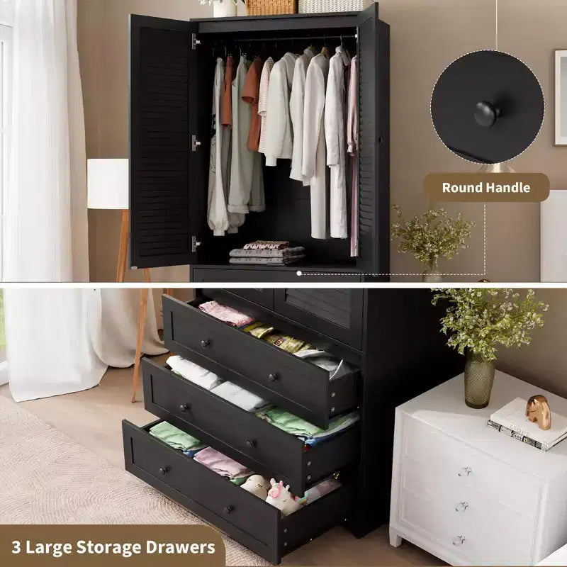 Armoire-penderie COZONY avec 3 tiroirs et 2 portes, meuble de rangement moderne en bois pour chambre, grande armoire blanche sur pied