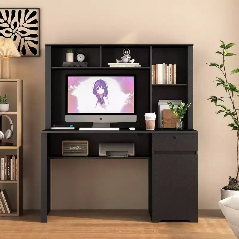 51.18IN Modern Computer Desk with Hutch and Bookshelf, Office Desk with Ample Storage, Writing Desk for Study, Reading Room