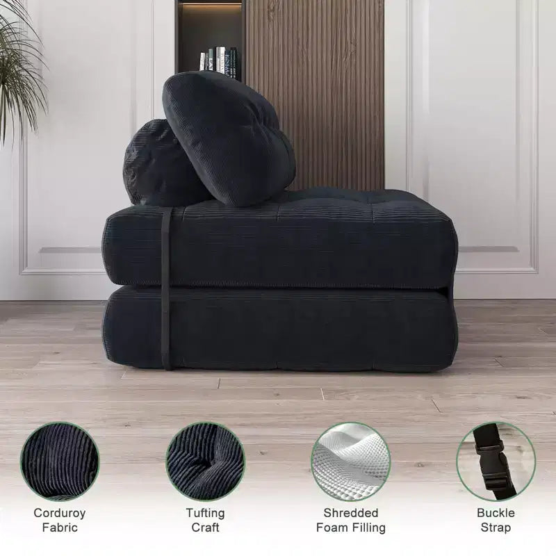 Canapé-lit futon pliant en velours côtelé, fauteuil convertible au sol avec coussin et soutien dorsal, format double