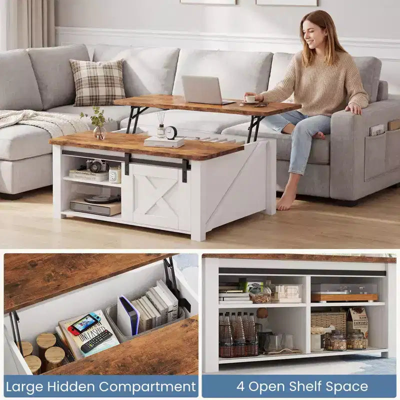 JIONJOY salontafel van 31,5 inch met opklapbaar blad en grote verborgen opbergruimte, verstelbare planken, vierkante landelijke salontafel voor de woonkamer en kleine ruimtes
