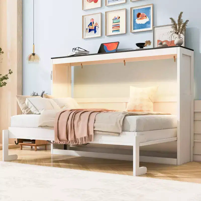 Twin Size Murphy Bed with LED Light, can be Folded into a Cabinet, Hidden Wall Bed Cabinet for Guest Room