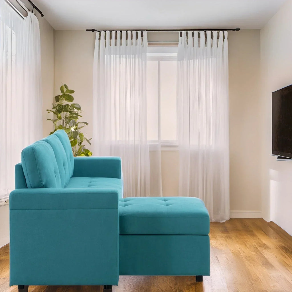 Divano componibile reversibile trasformabile con letto estraibile, chaise longue con contenitore nascosto e gambe resistenti