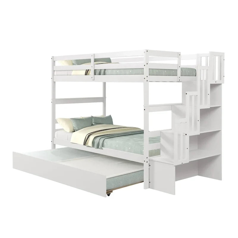 Letto a castello singolo su singolo con letto estraibile singolo e vano portaoggetti integrato nella scala, colore grigio