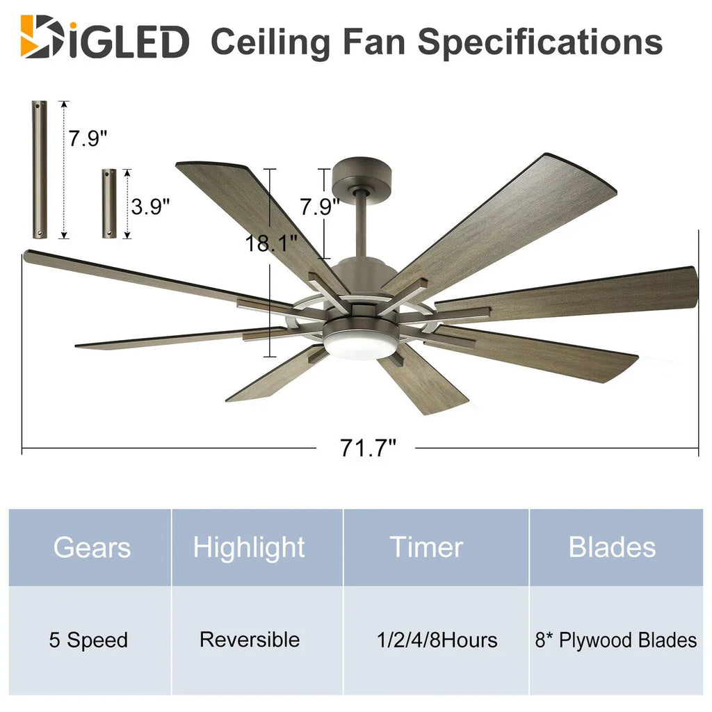 Ventilatore da soffitto con telecomando e luci, grande, con 8 pale in legno