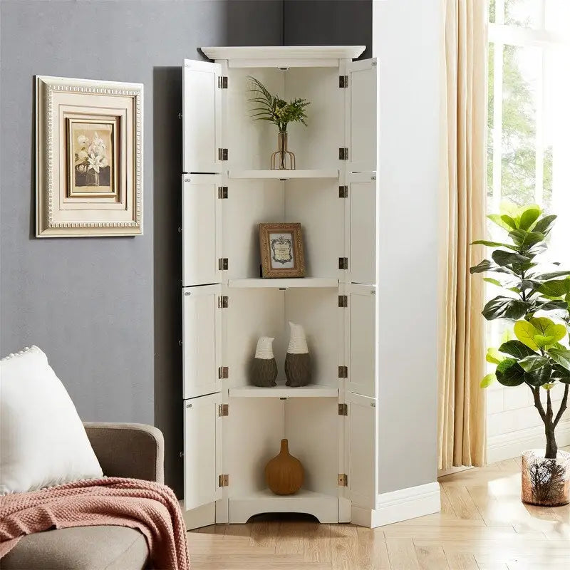 Tall Corner Storage Cabinet with 8 Doors and 4 Shelves
