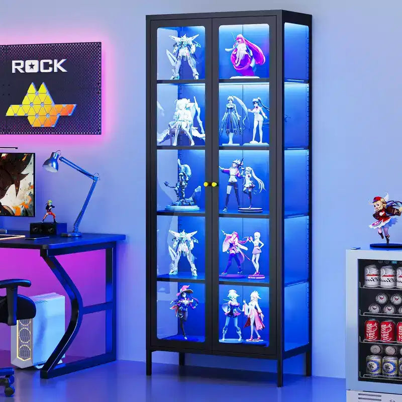 Bekrvio 67 inch hoge vitrinekast met glas aan 3 zijden en ledverlichting, 5 opberglagen met dubbele deuren en metalen frame voor verzamelobjecten, ideaal voor kleine ruimtes