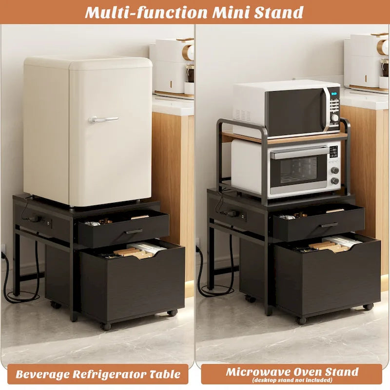 Mini Fridge Stand with Charge Station, Side/ End Table with Storage Drawers and Rolling Cabinet