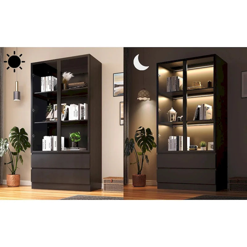 Vitrine de rangement, vitrine avec portes en verre trempé, présentoir avec 4 étagères de rangement
