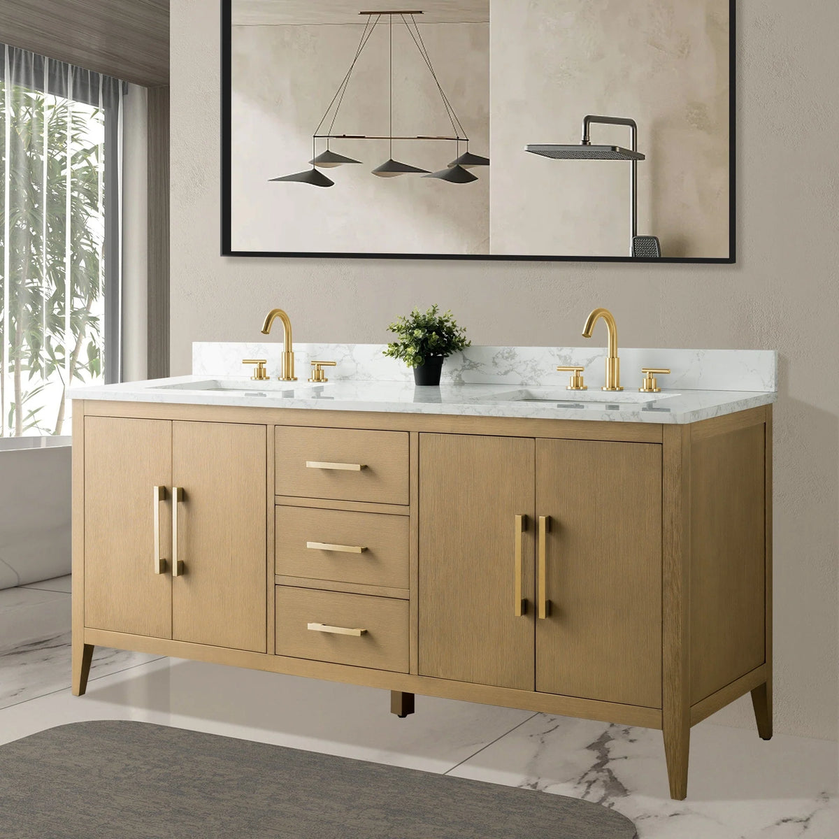 Vanity Art 72 badkamermeubel met dubbele wastafel en blad van composietmarmer
