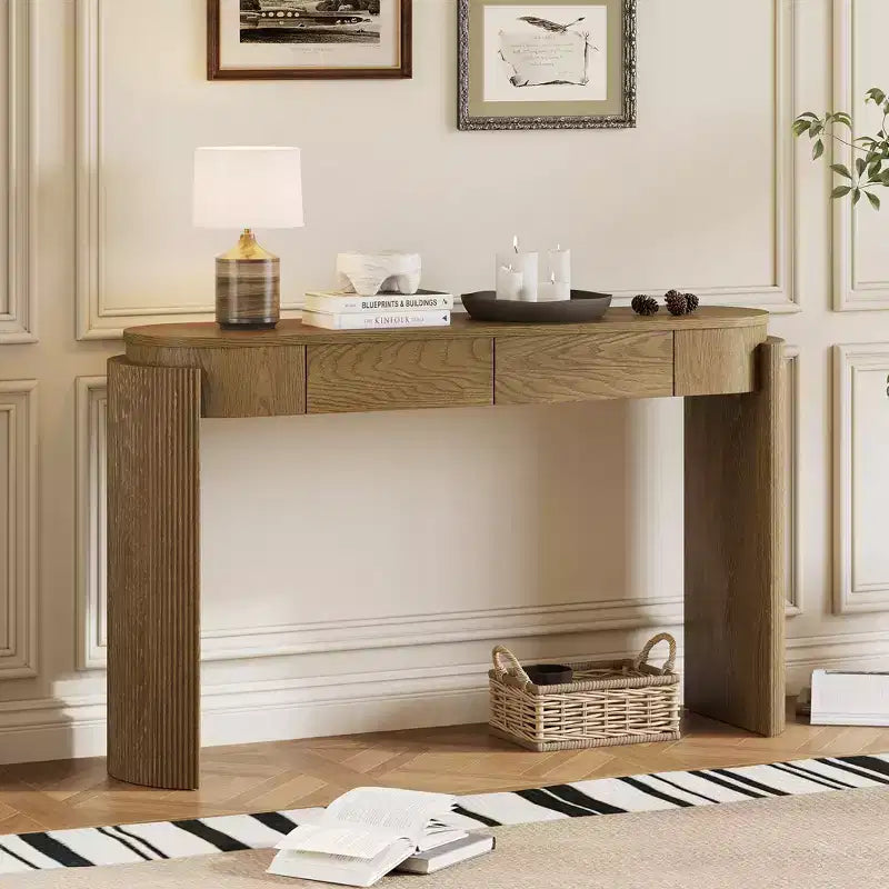 Table console moderne Merax à plateau ovale avec pieds courbés cannelés et deux tiroirs dissimulés