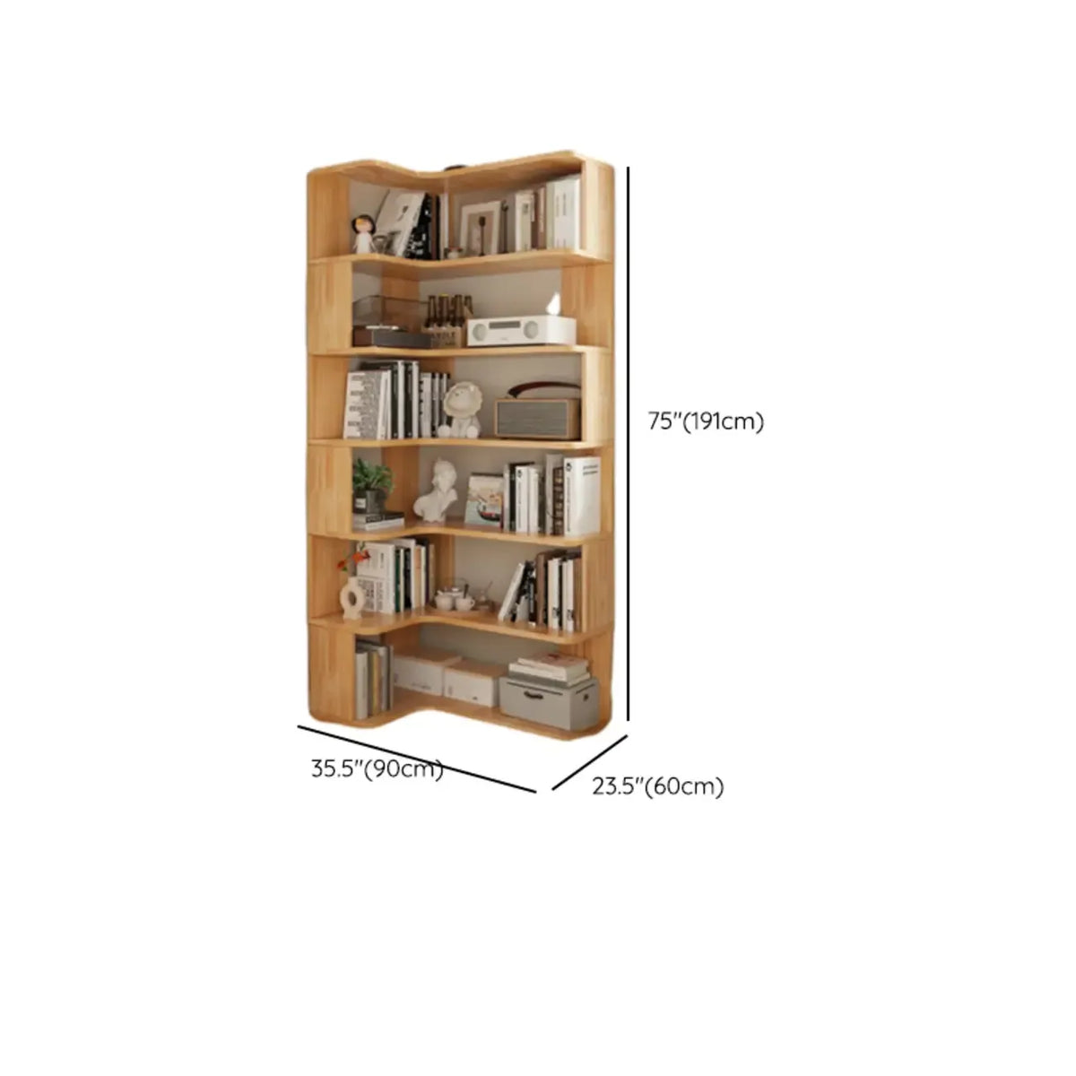 Bibliothèque verticale en bois en forme de L, finition naturelle, dos ouvert