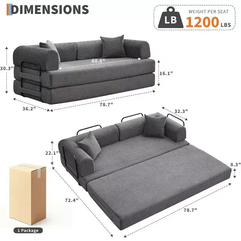 2-in-1-Schlafsofa, bequemes klappbares Cordsofa mit tiefer Sitzfläche und breiten Armlehnen, rahmenloses Sofa für Wohnzimmer und Wohnungen