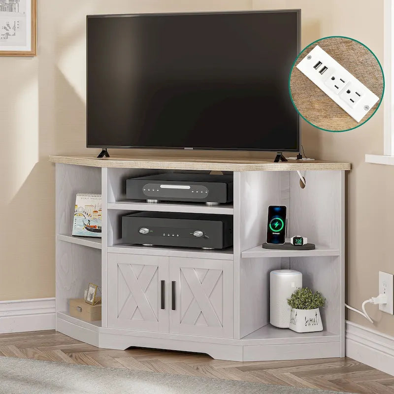 Meuble TV d’angle de style maison de campagne, centre de divertissement et console multimédia pour téléviseurs jusqu’à 55 po, avec prise électrique