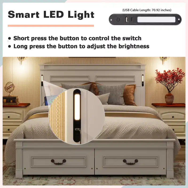 ModernLuxe platformbed voor eenpersoons- of tweepersoonsformaat met hoog hoofdbord, rustiek houten bedframe met 2 laden, ledverlichting en USB-poorten