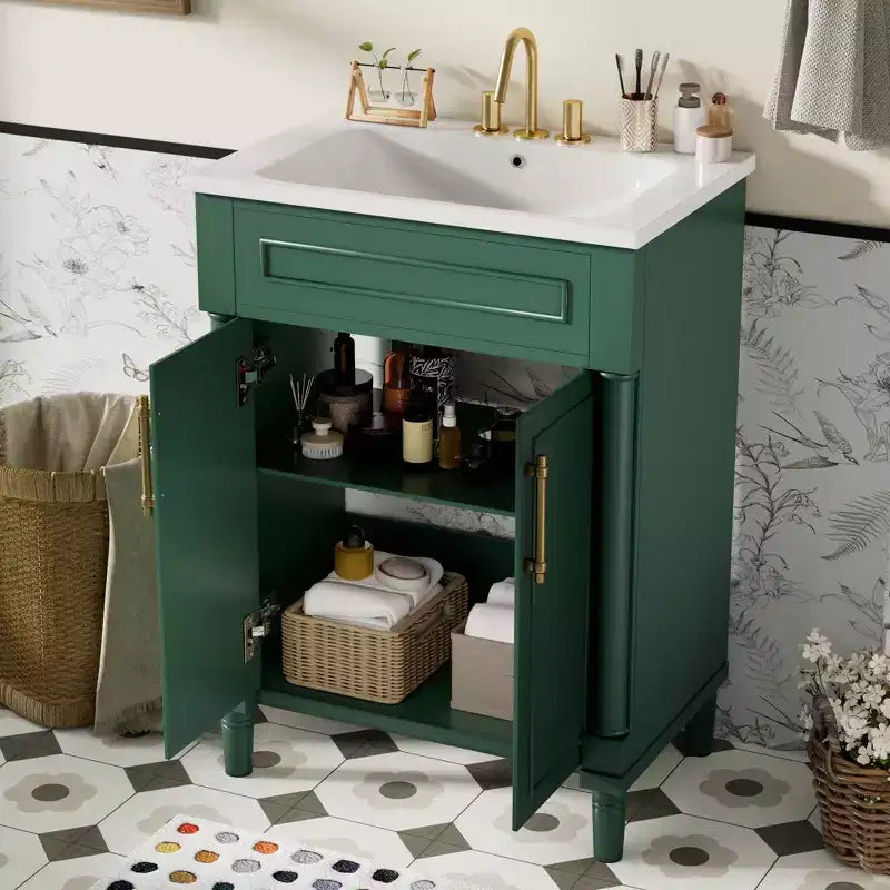 Mobile da bagno da 24 pollici con lavabo in ceramica, mobile in stile Shaker, 2 ante a chiusura ammortizzata, struttura in legno massello per bagno piccolo o bagno di servizio