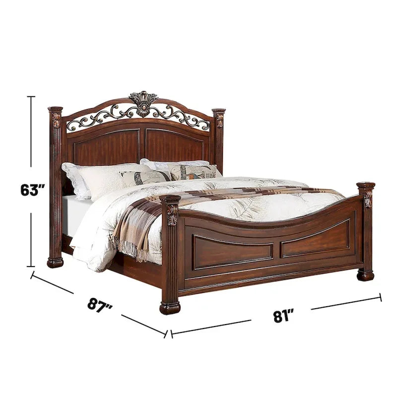 Lit en bois avec tête de lit ouvragée, coloris cerisier foncé