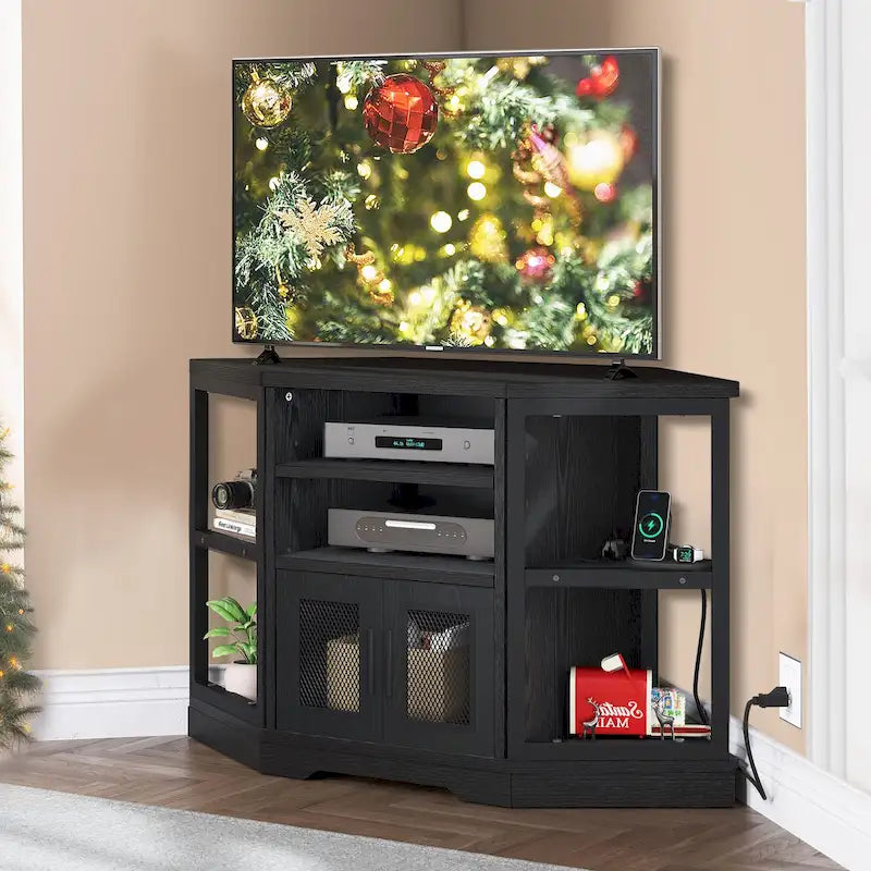 Meuble TV d’angle de style maison de campagne, centre de divertissement et console multimédia pour téléviseurs jusqu’à 55 po, avec prise électrique