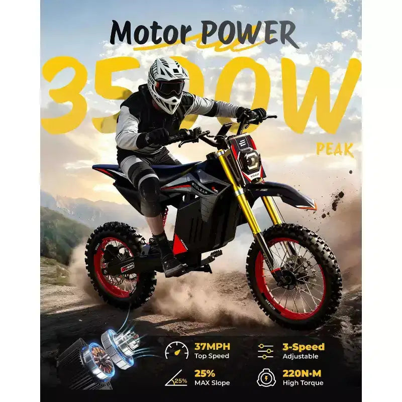ECOLEAP 3500 W csúcsteljesítményű elektromos terepmotor tinédzsereknek és felnőtteknek, 37 MPH terephasználatra alkalmas e-bike, 48 V 21 Ah akkumulátor, akár 55 mérföldes hatótávolság, 400 LBS, 13+