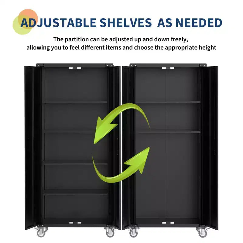 Garage Storage Cabinet with Wheels & Pegboard, 72 H Locking Metal Storage Cabinet with 2 Doors & 4 Adjustable Shelves for Garage Workshop