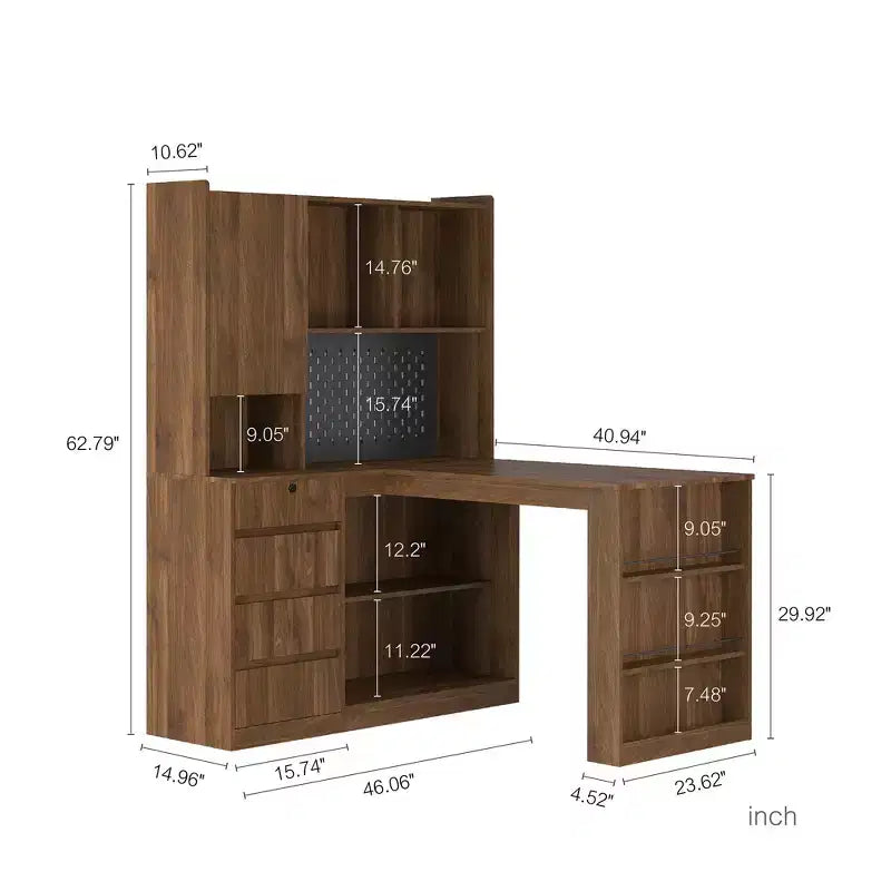 117-cm-Eckschreibtisch in L-Form mit Bücherregal und Schubladen