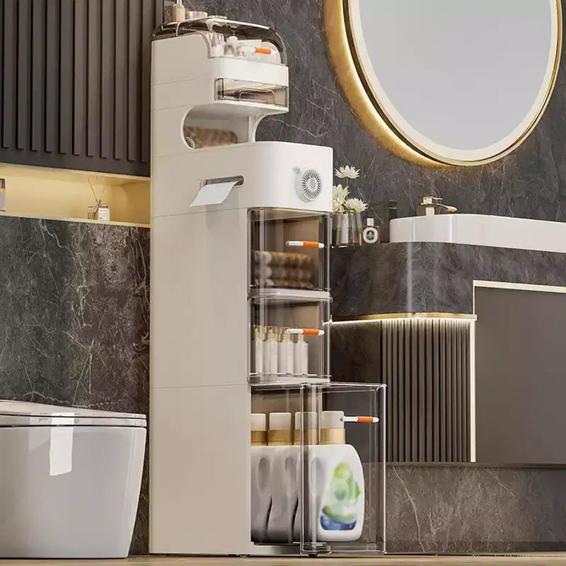 Schmaler Badezimmerschrank, 7-stufiger schmaler Aufbewahrungsschrank mit wasserdichten Organizern, Toilettenpapierhalter und Rollen, ideal für Bad, Küche und Waschküche