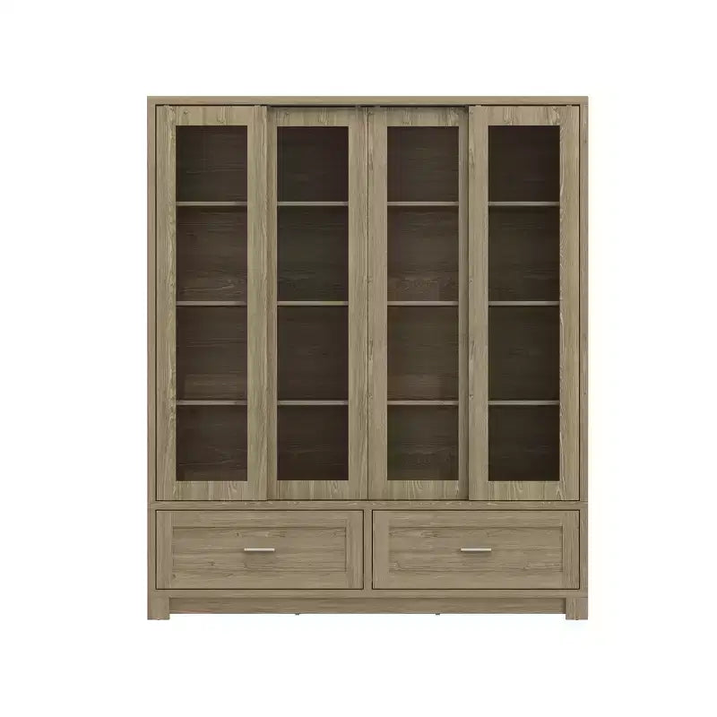 Famapy Vitrine in heller Eichenholzoptik: 160 cm breit, Schiebetüren aus Glas und Schubladenstauraum, geräumiger Organizer für Bibliotheken und Wohnzimmer
