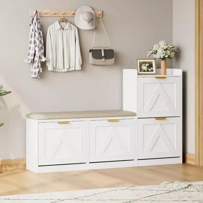 Schuhschrank mit Sitzbank und 4 Klappschubladen – schmaler Flur-Organizer für 35–40 Paar Schuhe