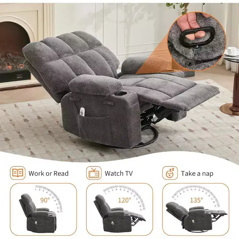 Oversized Recliner Chair for Adults, Manual Swivel Rocker Sofa, Side Pockets & Cup Holders for Big and Tall Persons, Living Room