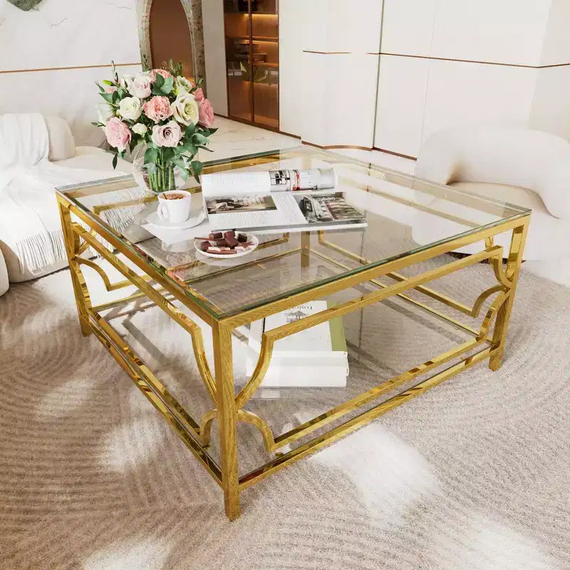 Merax Square Coffee Table with Black or Clear Glass Top and Two-Tier Display Shelf