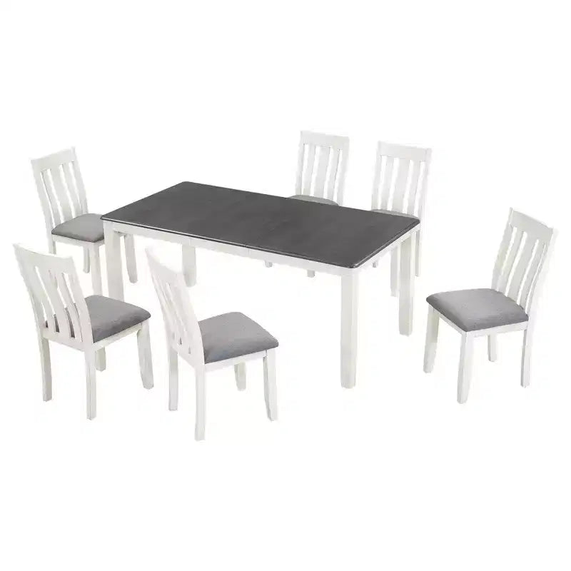 Farmhouse Extendable Dining Table Set for 6, Rectangular Table and 6 Upholstered Chairs