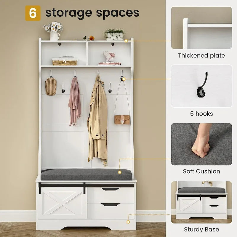 Vestiaire avec banc et rangement pour chaussures, portemanteau avec porte de grange