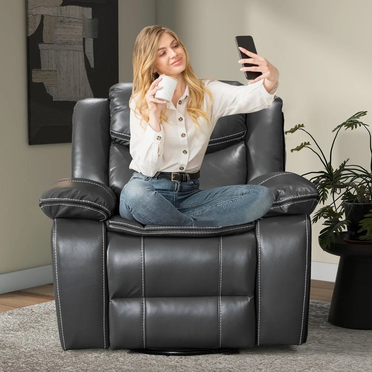 Fauteuil inclinable de massage et chauffant en cuir durable à assise large