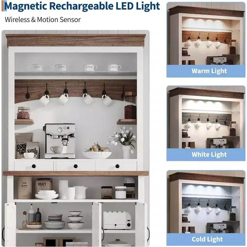 183 cm hoher Kaffeebarschrank im Landhausstil mit LED-Beleuchtung, Küchenbuffet mit Türen und Schublade, verstellbaren Regalböden und geräumigem Stauraum
