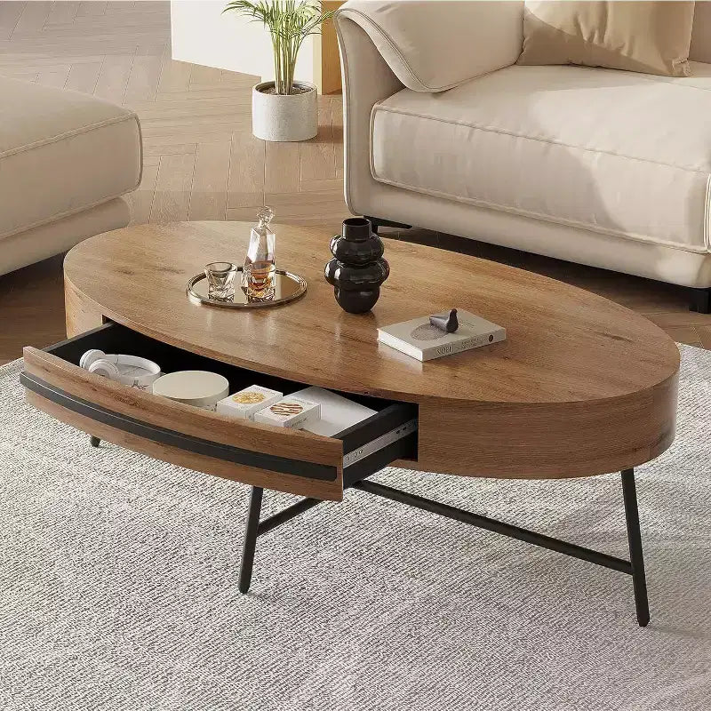 Acekool Oval Coffee Table with Drawer, 47.2 Wooden Storage Table with Cross Metal Legs  Mid-Century Modern Center Table in Natural & Golden Willow